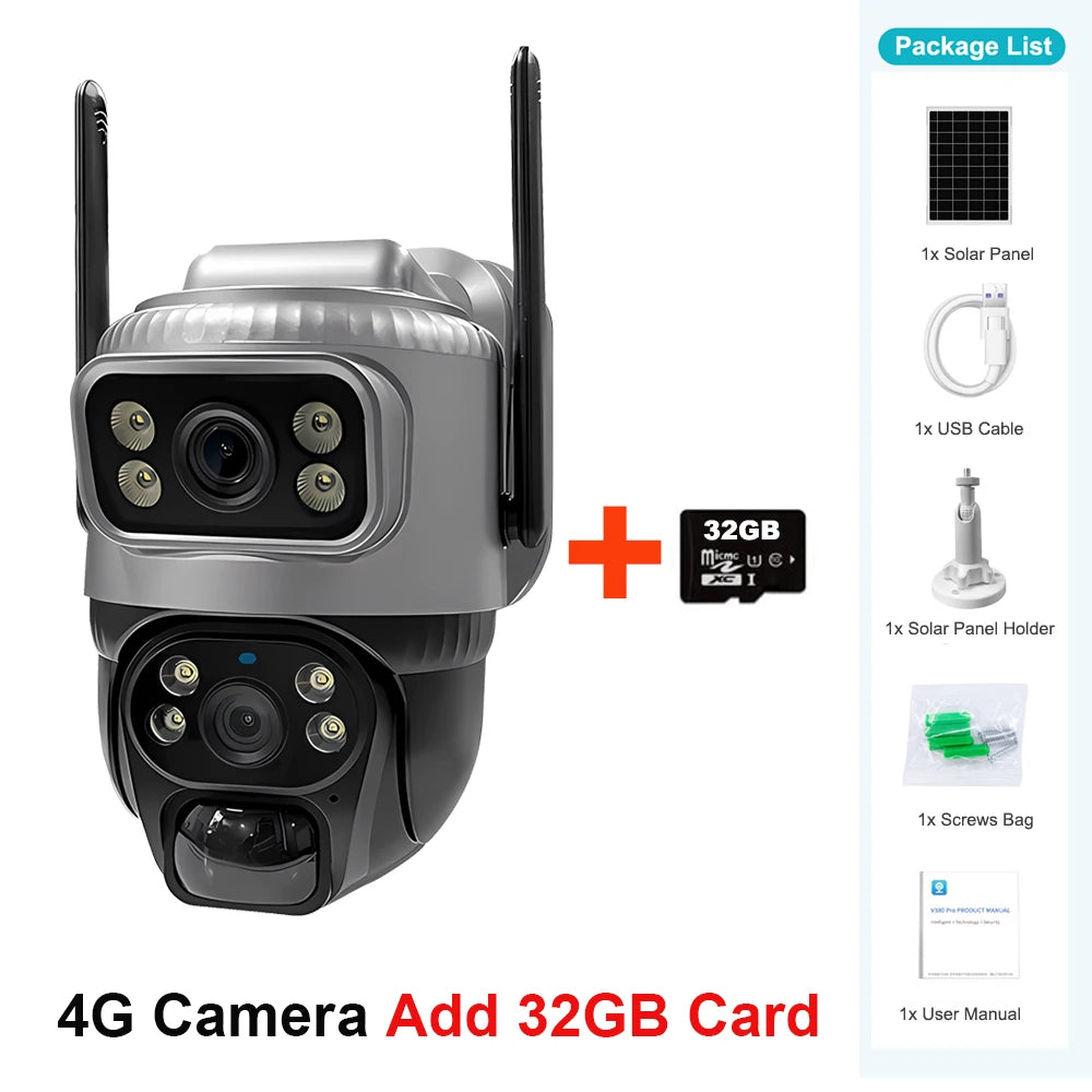4G Solar Security Camera | Dual Lens 4K 8MP | PIR Human Detection, Night Vision, No Monthly Fees