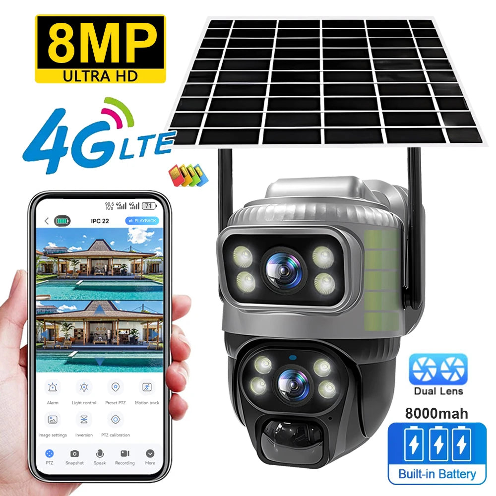 4G Solar Security Camera | Dual Lens 4K 8MP | PIR Human Detection, Night Vision, No Monthly Fees