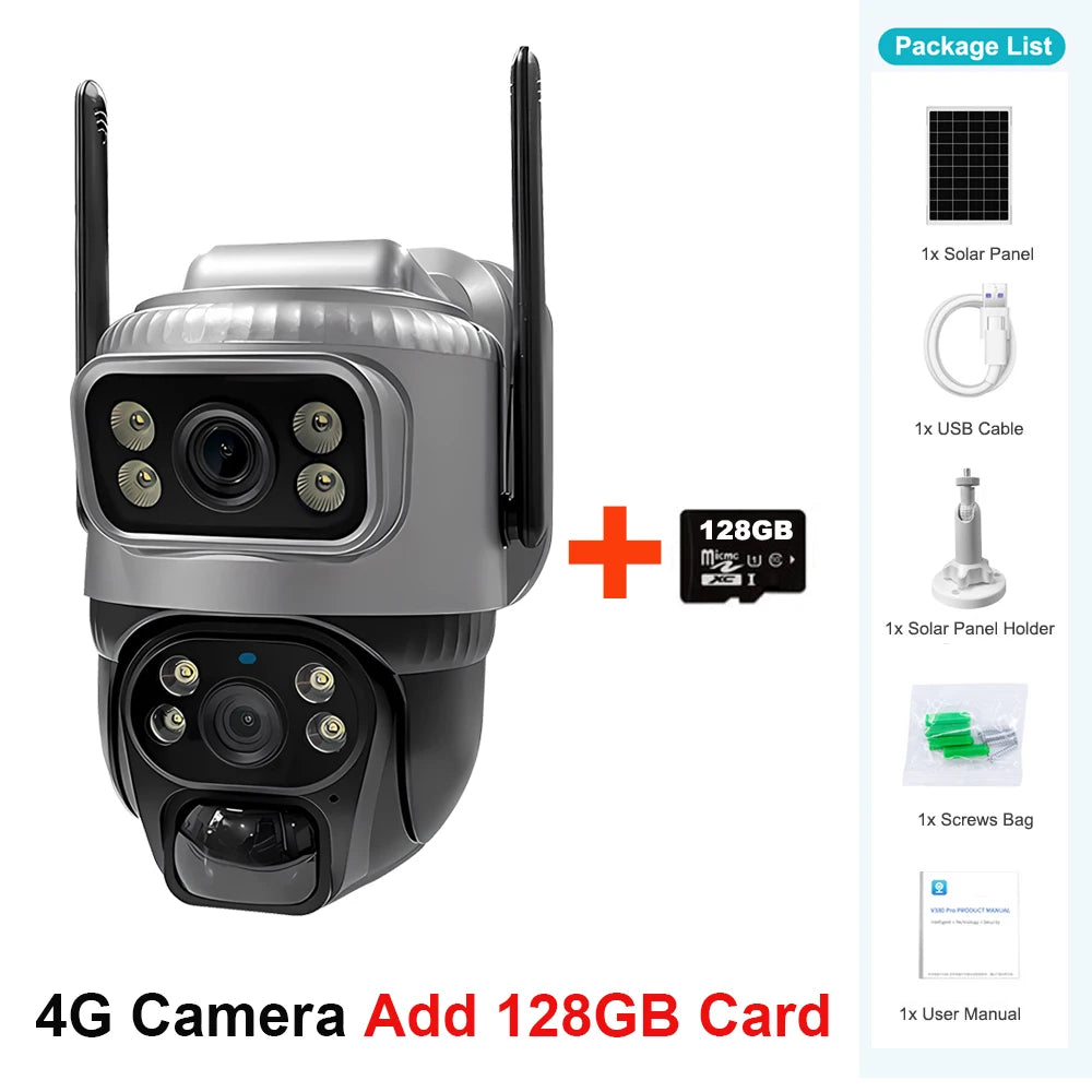 4G Solar Security Camera | Dual Lens 4K 8MP | PIR Human Detection, Night Vision, No Monthly Fees
