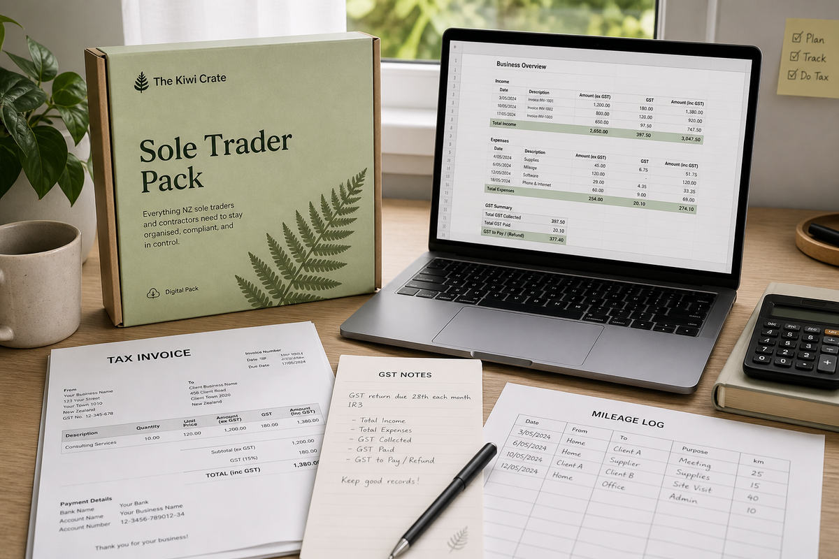 NZ Sole Trader & Contractor Pack — tax invoices and GST figures