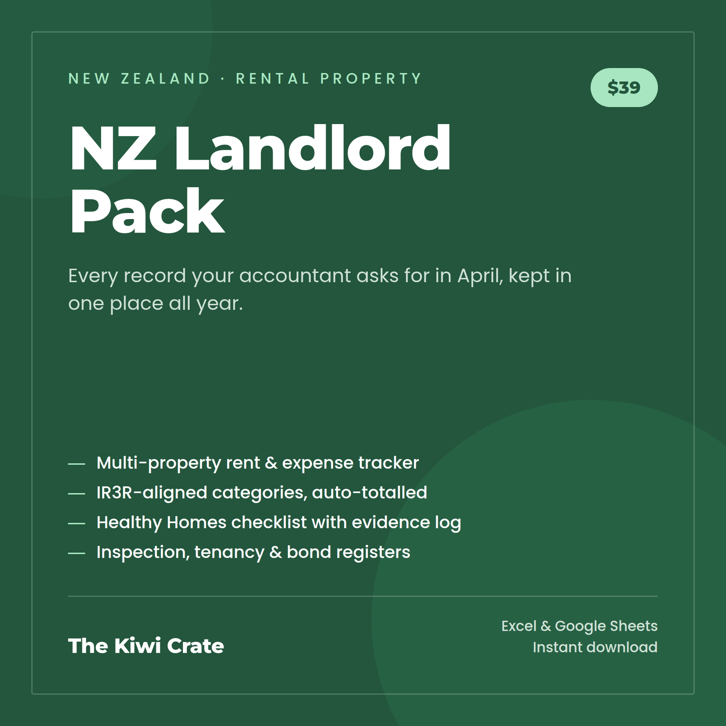 NZ Landlord Pack cover — rental property tracker and Healthy Homes checklist for New Zealand landlords