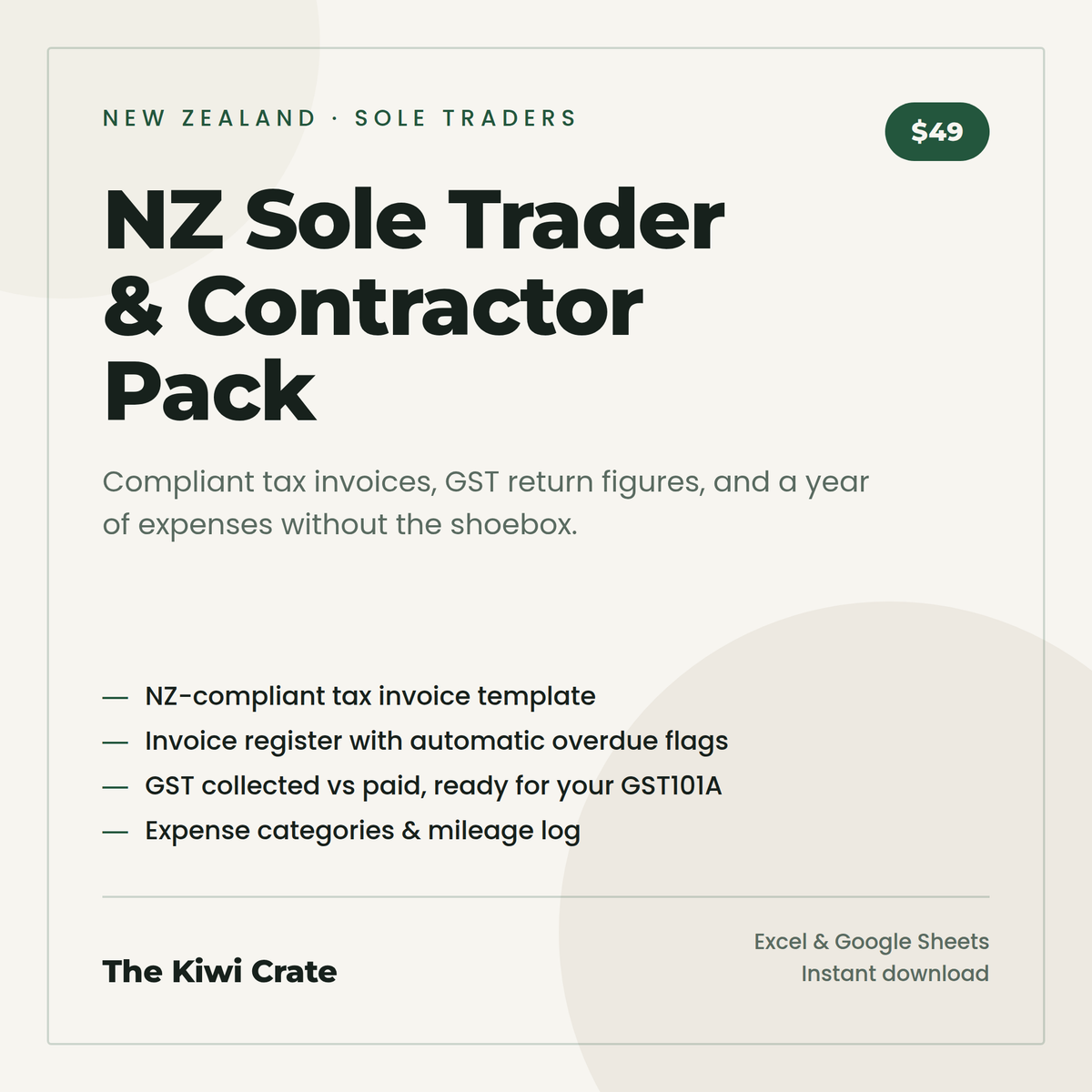 NZ Sole Trader and Contractor Pack cover — tax invoices, GST return figures, expenses and mileage log