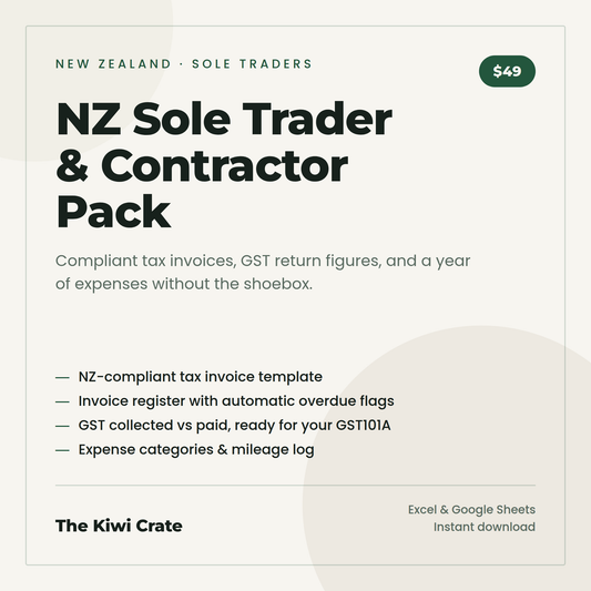 NZ Sole Trader and Contractor Pack cover — tax invoices, GST return figures, expenses and mileage log